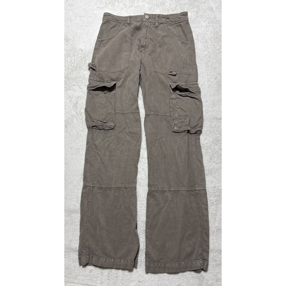 Zara Linen Blend Cargo Pants Women's Size 4 Tan Khaki Front Zip Pockets